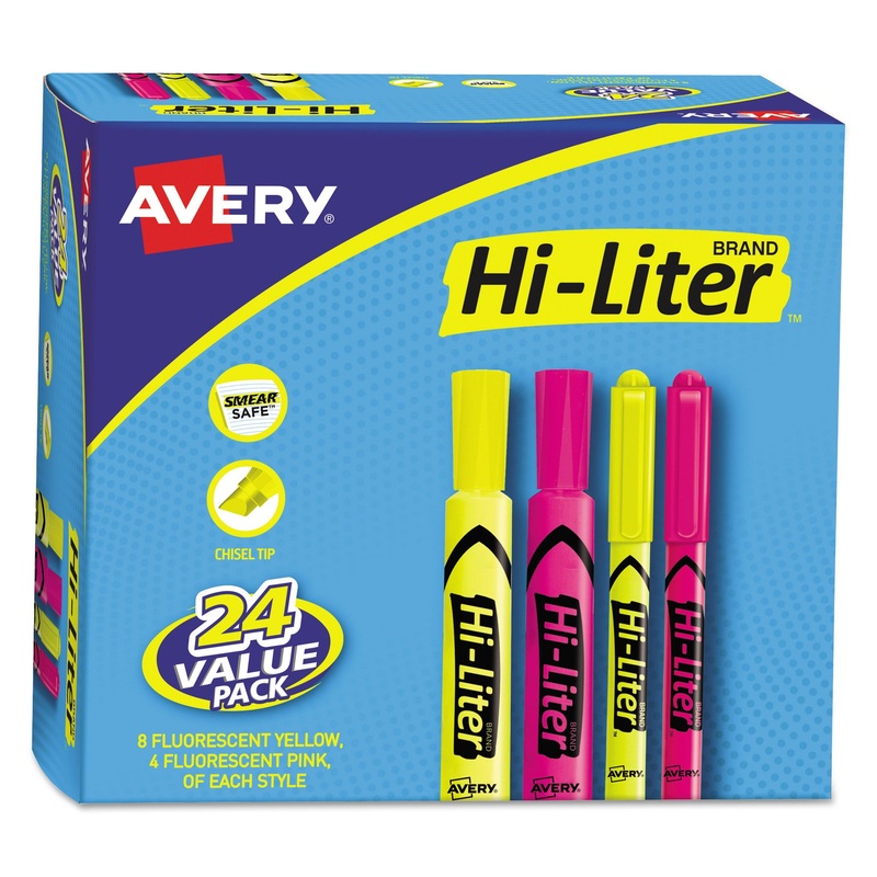 HI-LITER DESK-STYLE HIGHLIGHTERS, CHISEL/BULLET TIP, ASSORTED COLORS, 24/PACK