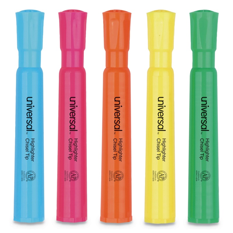 DESK HIGHLIGHTERS, CHISEL TIP, ASSORTED COLORS, 5/SET