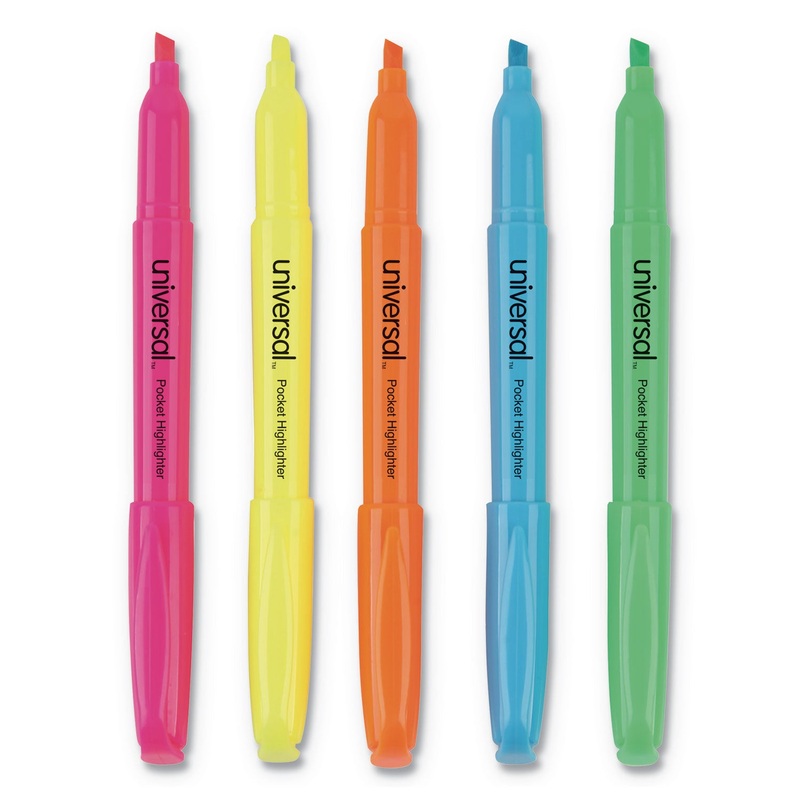 POCKET HIGHLIGHTERS, CHISEL TIP, ASSORTED COLORS, 5/SET