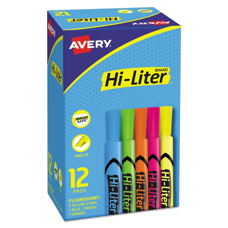 HI-LITER DESK-STYLE HIGHLIGHTERS, CHISEL TIP, ASSORTED COLORS, DOZEN